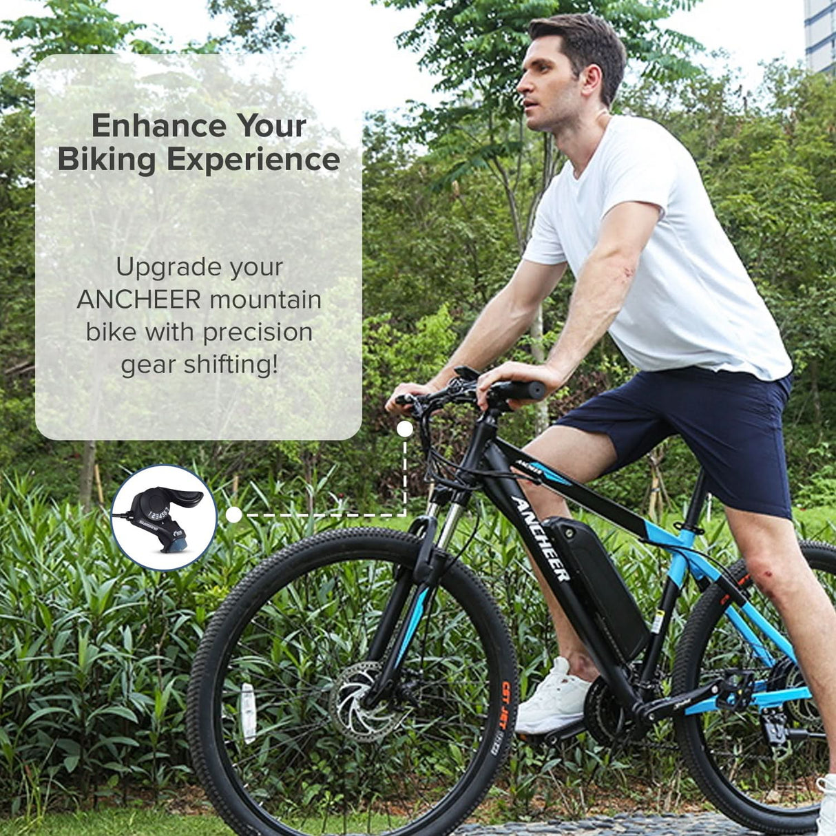 A man rides a bicycle featuring the 7-Speed Right Thumb Gear Shift Lever for the ANCHEER 26 350W Electric Mountain Bike, highlighting the Shimano shifter and visible gear mechanism.