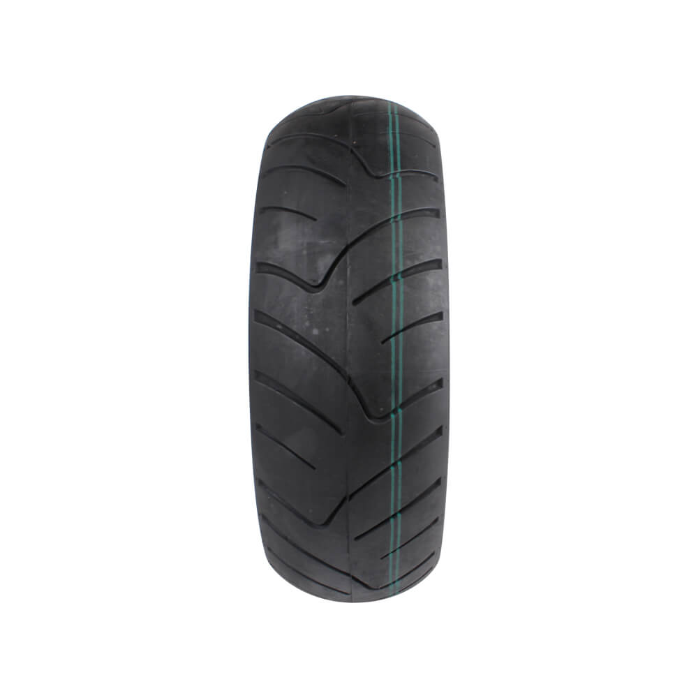 Vee Rubber 120/70-10 Street Scooter Tire with VRM 217 Tread, featuring close-up of fine tread pattern designed for versatile road conditions and enhanced durability.