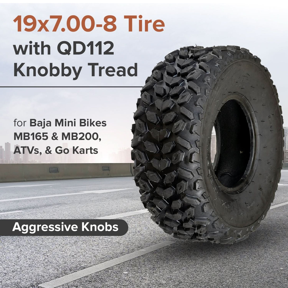 19x7.00-8 Tire with QD112 Knobby Tread for Baja Mini Bikes MB165 & MB200, ATVs, & Go Karts