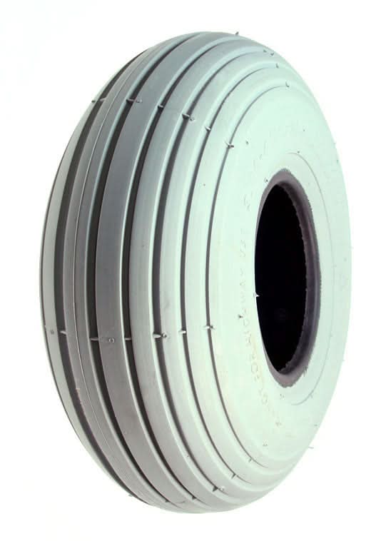 10x3 (3.00-4, 260X85) Pneumatic Mobility Tire with IA-2802 Ribbed Tread, featuring a white wheel with a central hole, suitable for the front of scooters and power chairs.