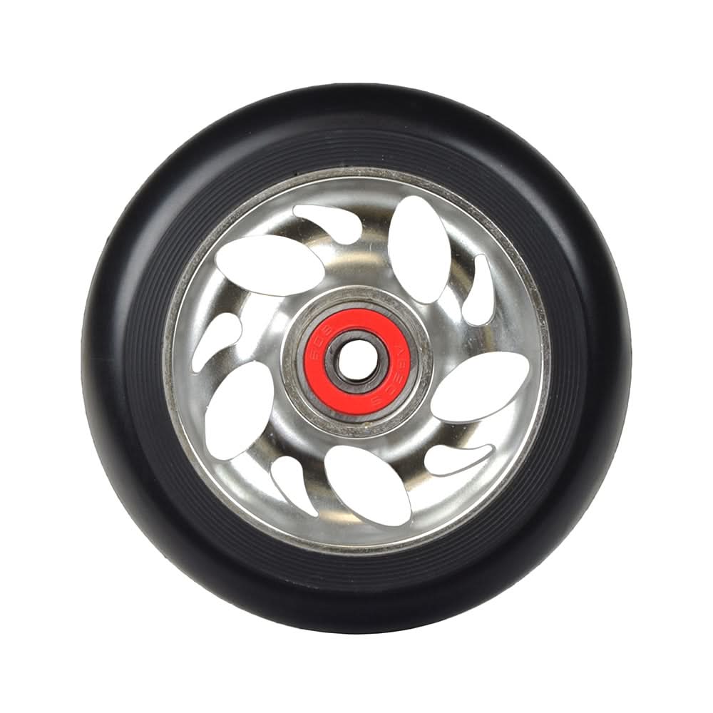 100 mm Pro Kick Scooter Wheel with 5-Spoke Pinwheel Core, featuring a red center and pre-installed 608 ABEC-9 bearings. The lightweight alloy construction ensures durability and performance for pro-level riding.
