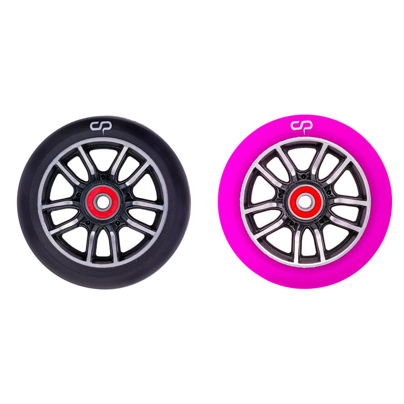 110 mm Crisp F1 Forged Kick Scooter Wheel featuring strong alloy hubs and 88A polyurethane tires, shown with vibrant pink rims and pre-installed ABEC-9 bearings for sleek performance and customization.