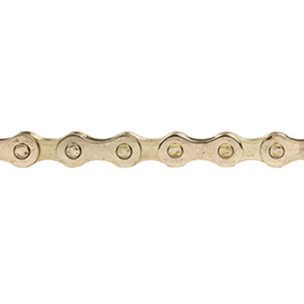 112 Link 1/2 x 1/8 Bike Chain with Master Link, close-up of the metal chain showing detailed links and holes, ideal for BMX, Fixie, and track racing bikes.