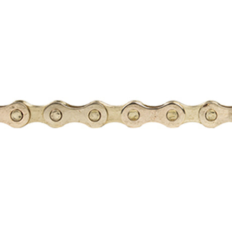 112 Link 1/2 x 1/8 Bike Chain with Master Link, close-up of the metal chain showing detailed links and holes, ideal for BMX, Fixie, and track racing bikes.