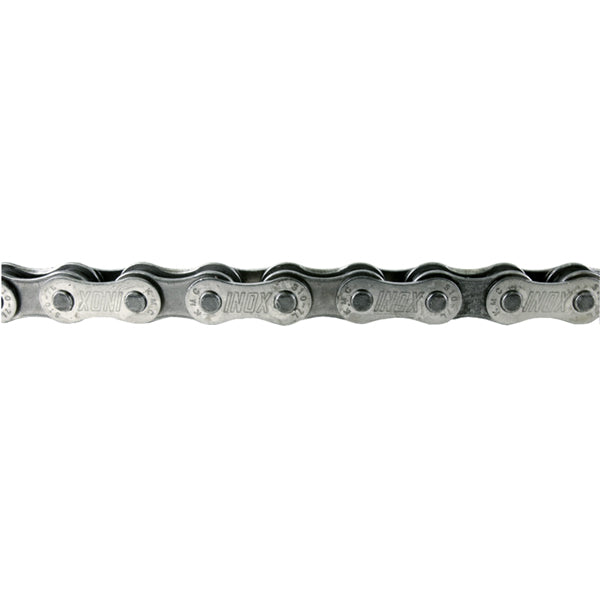 114 Link 1/8 Stainless Steel Bike Chain with Master Link, showing a close-up of the durable metal links designed for single-speed bicycles and e-bikes, ideal for harsh weather conditions.
