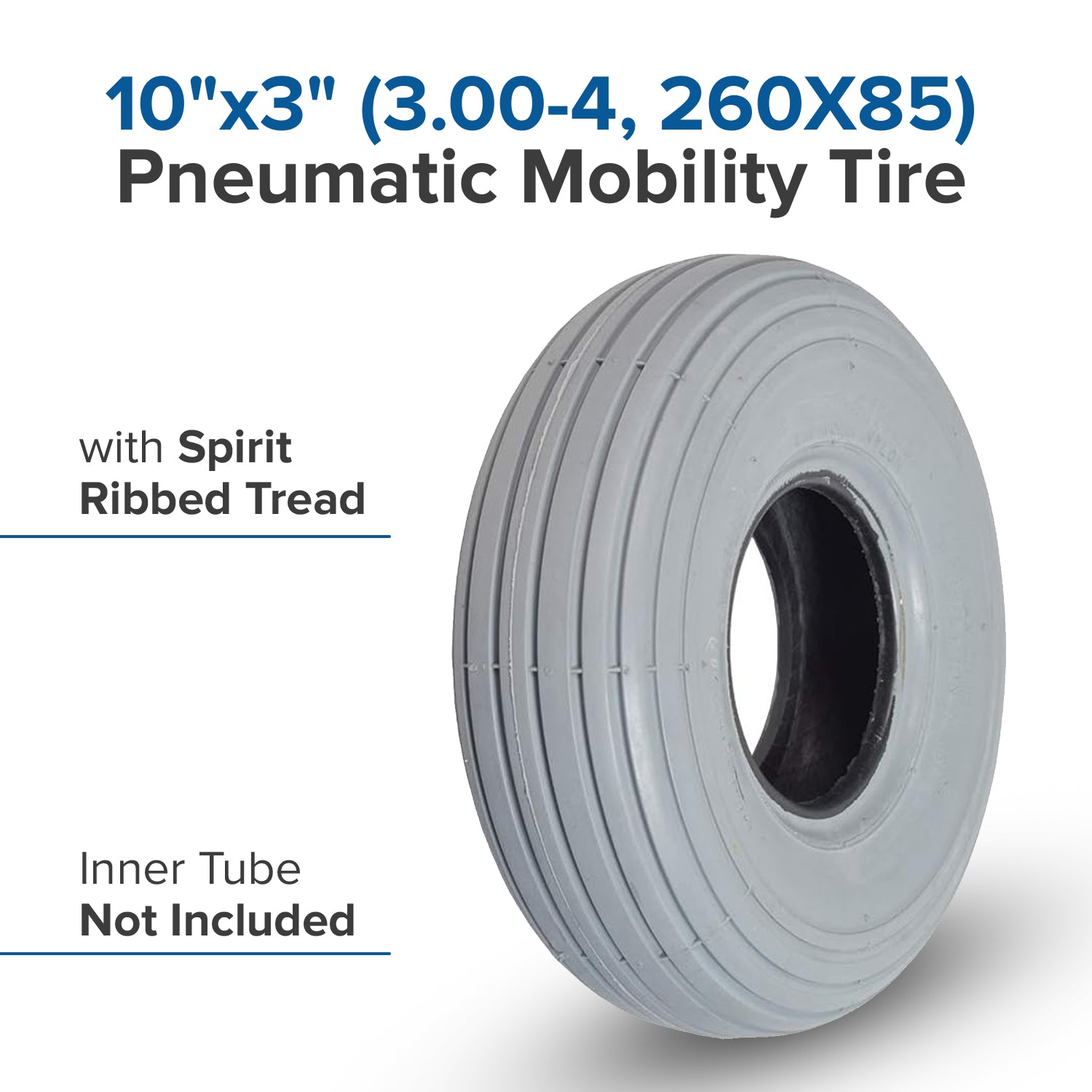 10"x3" (3.00-4, 260x85) Pneumatic Mobility Tire with C179G Spirit Ribbed Tread
