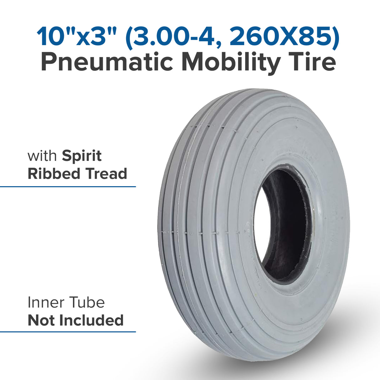10"x3" (3.00-4, 260x85) Pneumatic Mobility Tire with C179G Spirit Ribbed Tread