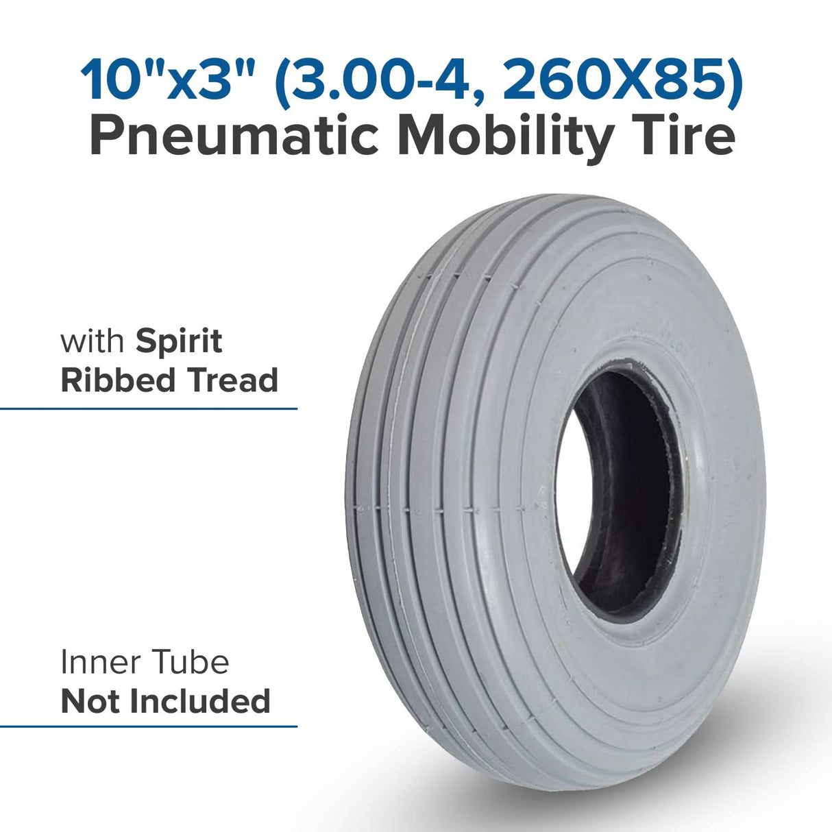 10"x3" (3.00-4, 260x85) Pneumatic Mobility Tire with C179G Spirit Ribbed Tread