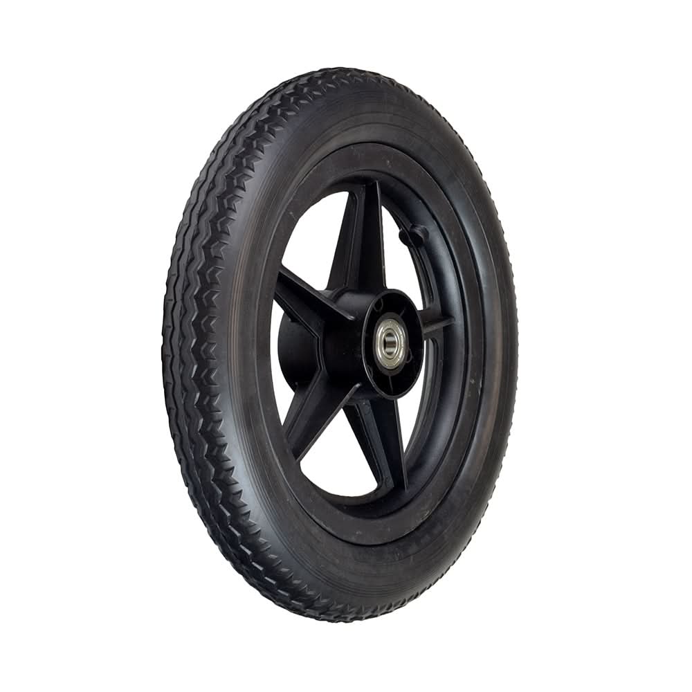12 Rear Flat-Free Caster Wheel Assembly for Invacare Transport Wheelchairs, featuring a black tire with a black rim and a metal center, ideal for standard, lightweight, and heavy-duty models.