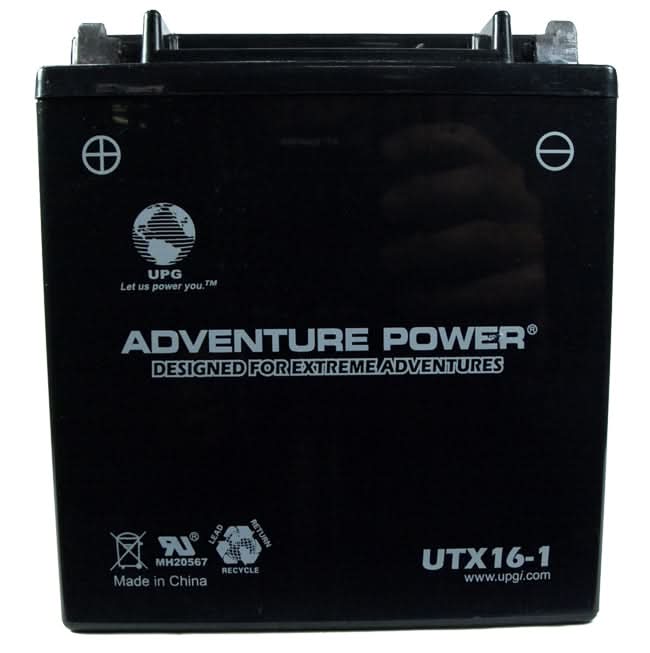 12 Volt UTX16-1 (YTX16-1 Replacement) Sealed AGM Scooter & Motorcycle Battery, black with white text, designed for maintenance-free, heat and vibration resistance, offering superior performance and longer shelf life.