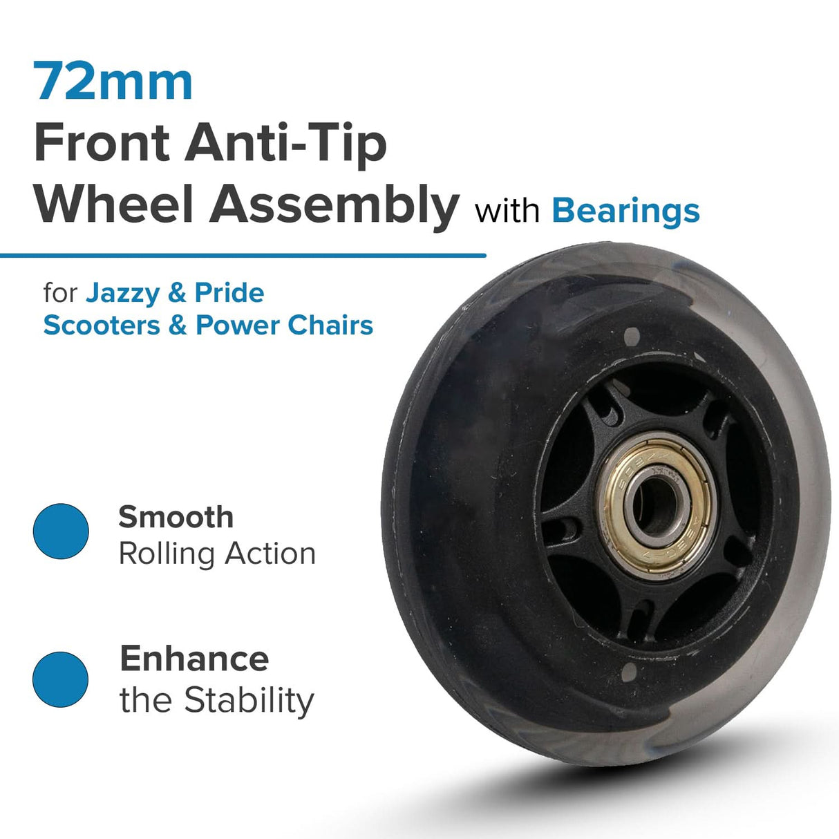 72mm Front Anti-Tip Wheel Assembly with Bearings for Jazzy & Pride Scooters & Power Chairs (Set of 2)