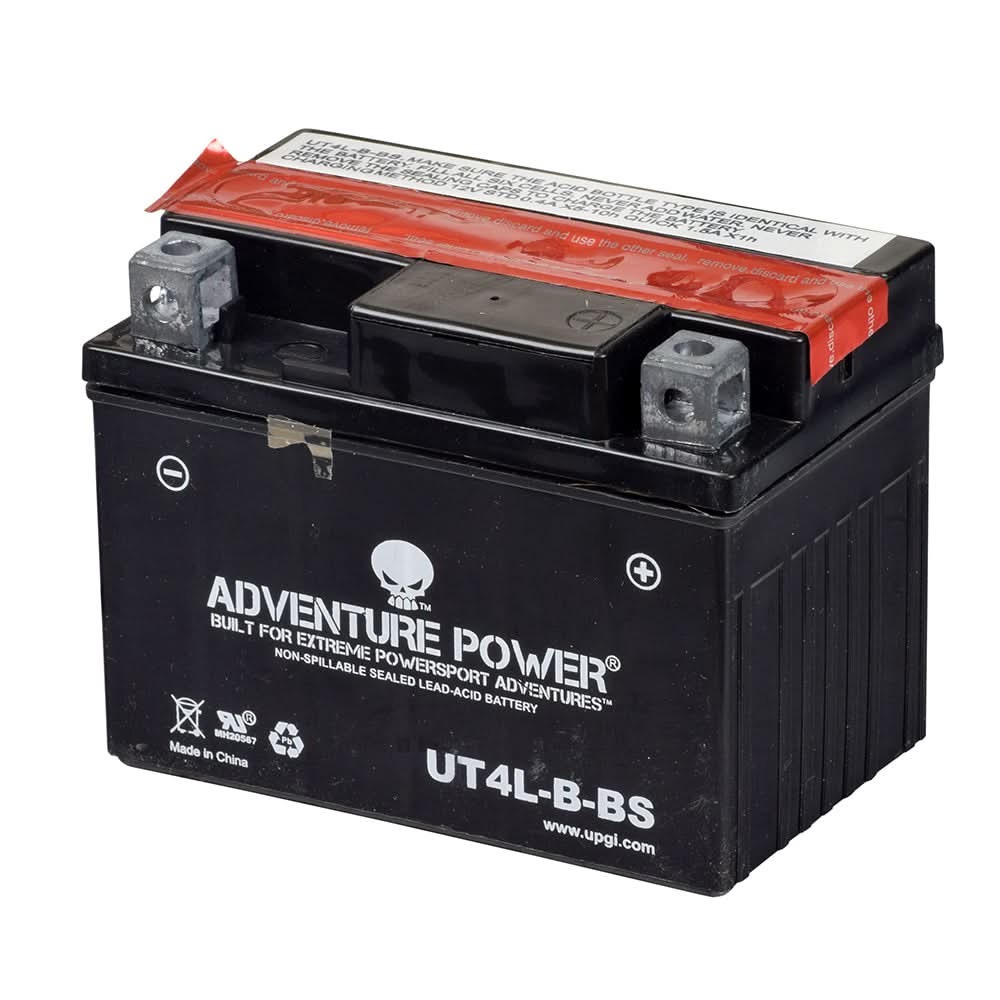 12 Volt YT4L-BS Replacement Dry Charged AGM Battery for the TaoTao Venus 50 Scooter, featuring black casing, red and white text, and clearly marked positive and negative terminals.
