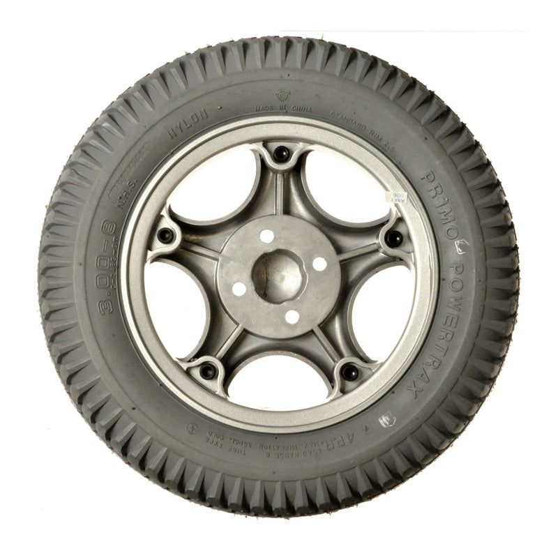 14x3 (3.00-8) Foam-Filled Drive Wheel Assembly for Invacare Power Chairs Manufactured After 10/17/01, featuring a close-up of a tire with a silver rim and four mounting holes.