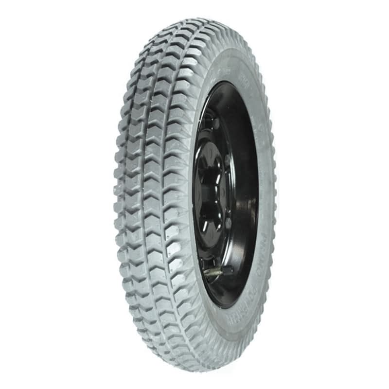 Close-up of a 14x3 (3.00-8) Pneumatic Drive Wheel Assembly for Invacare Power Chairs Manufactured Before 10/17/01, showcasing the tire's knobby tread and 8 rim.