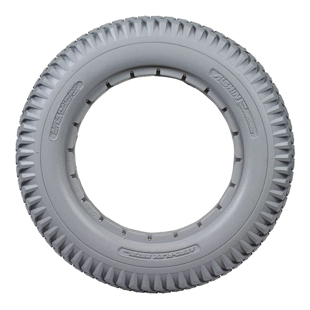 14x3 (3.00-8) Light Gray Solid Urethane Mobility Tire with Aero-flex™ Knobby Tread for Invacare Power Chairs; close-up view highlighting the tire's knobby tread pattern and solid structure.