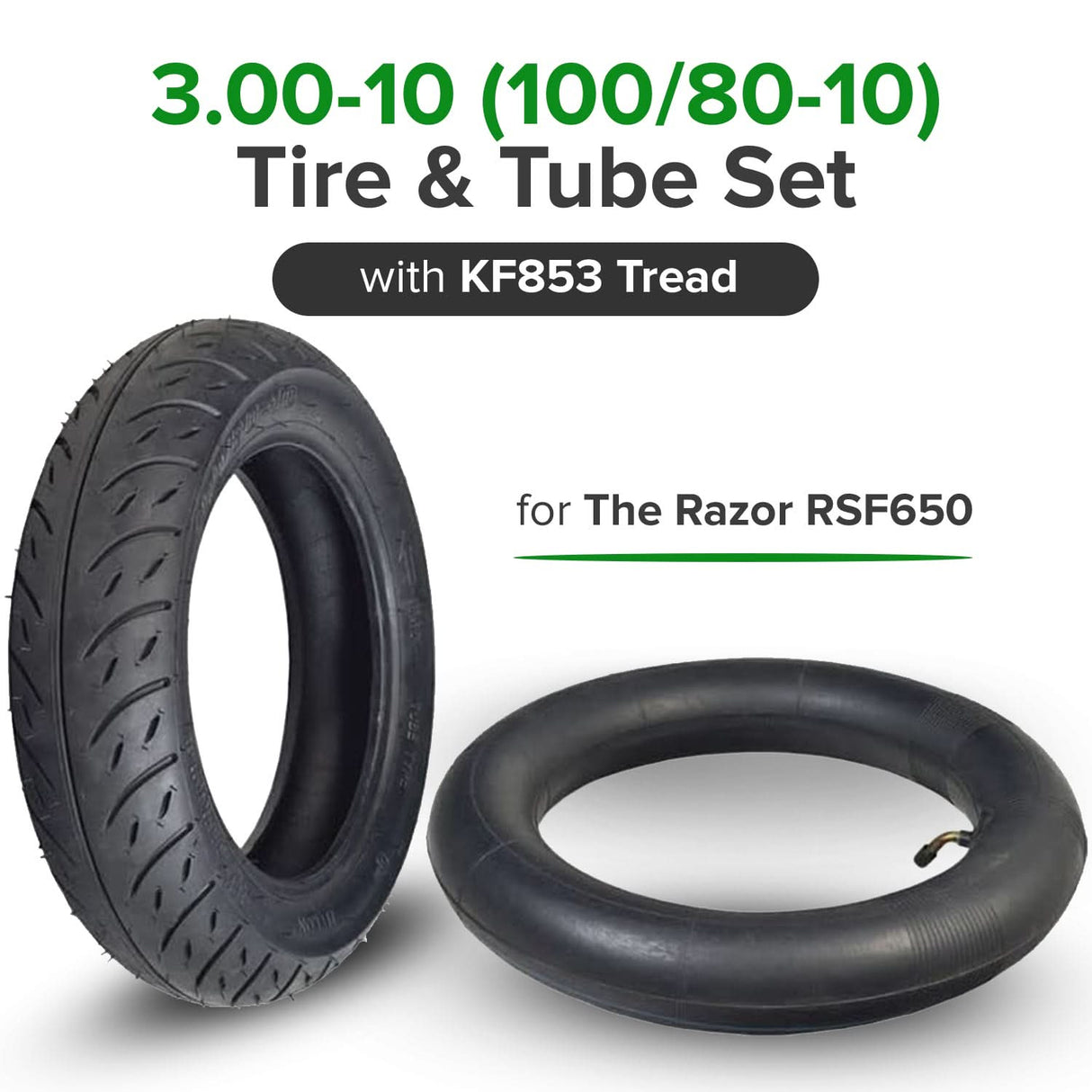 3.00-10 (100/80-10) Tire & Tube Set with KF853 Tread for the Razor RSF650