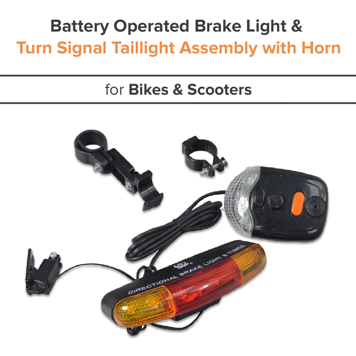 Battery Operated Brake Light & Turn Signal Taillight Assembly with Horn for Bikes & Scooters