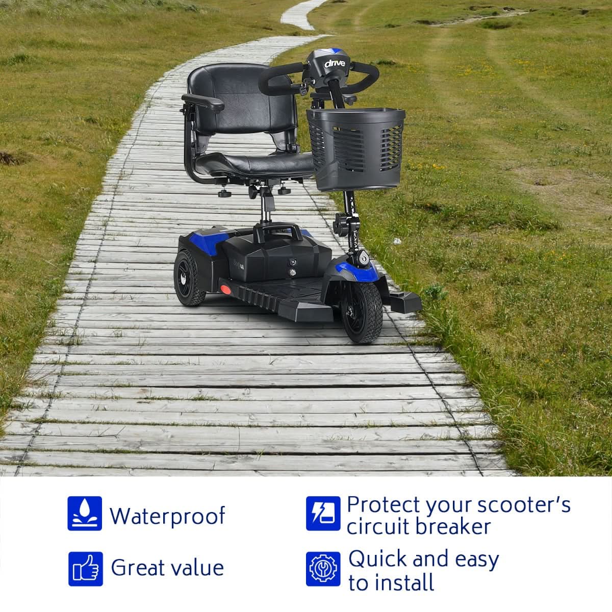 Waterproof Boot Cover for Push-Button Reset Circuit Breakers snugly fits over the reset button, sealing it from moisture. Featured is a scooter on a path, emphasizing the product's protective role.