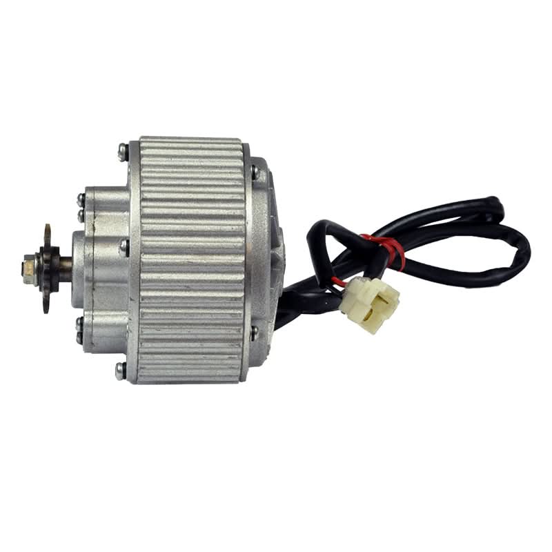 24 Volt 450 Watt Gear Reduction Electric Bike Motor with 9 Tooth 1/8 Bicycle Chain Sprocket, showing a close-up of the small, metal electric motor with wires and a gear reduction transmission.