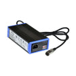 24 Volt 5.0 Amp Portable XLR Battery Charger, shown with attached cable and power outlet, designed for mobility chairs and scooters; features LED indicators and built-in protection systems.