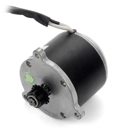 24 Volt 450 Watt Electric Motor with 15 Tooth #25 Chain Sprocket featuring a black wire and standard three-hole mounting face plate, ideal for upgrading Currie Technologies scooters.