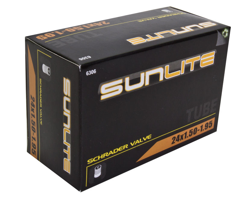 24x1.50-1.95 Bicycle Inner Tube with Straight Valve from Sunlite, packaged in a black box with yellow text, highlighting the brand logo.