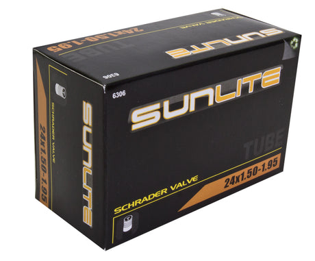 24x1.50-1.95 Bicycle Inner Tube with Straight Valve from Sunlite, packaged in a black box with yellow text, highlighting the brand logo.