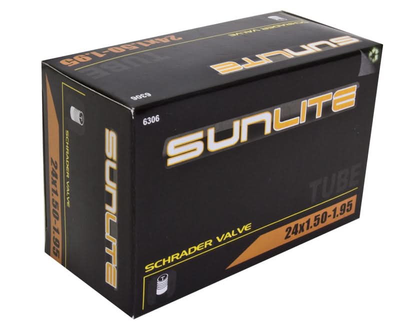 24x1.50-1.95 Bicycle Inner Tube with Straight Valve from Sunlite, packaged in a black box with yellow text, highlighting the brand logo.