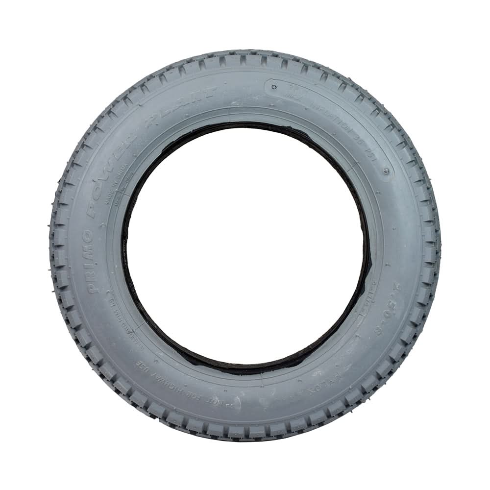 2.50-8 Foam-Filled Mobility Tire with C177G Power Plant Knobby Tread featuring a solid, flat-free design and black rim. Ideal for mobility scooters and power chairs, replacing original or pneumatic tires easily.