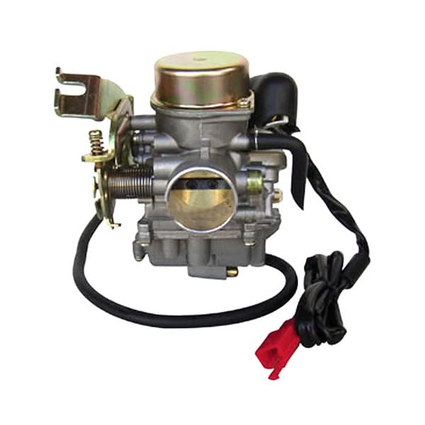 Close-up of a 250cc Carburetor for 250cc GY6 Scooters with attached wire, showcasing detailed metal components and intricate engineering, ideal for high-performance scooter modifications or replacements.