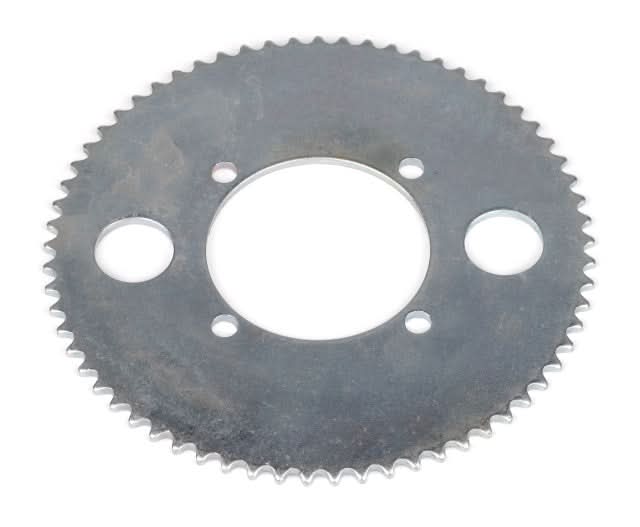 Close-up of the #25 Chain Sprocket with 65 Teeth & 2-9/16 Mounting Hole Circle (x4 Holes) for electric scooters, pocket bikes, and skateboards, highlighting its intricate metal gear design.