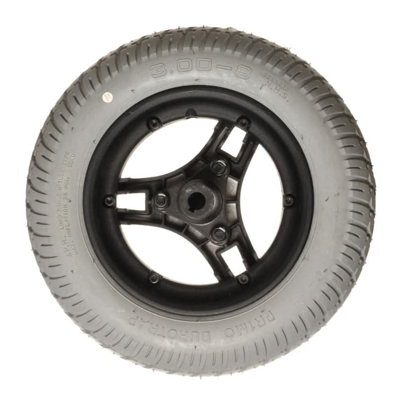 14x3 (3.00-8) Flat-Free Drive Wheel Assembly for Jazzy 1133 featuring a solid flat-free tire, Powertrax non-marking rubber, and a stylish 8 black tri-spoke rim with hub, screws, and nuts included.