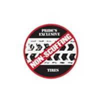 Close-up of the 14x3 (3.00-8) Flat-Free Drive Wheel Assembly for Jazzy 1133, featuring a logo on the black tri-spoke rim and a non-marking rubber tire.