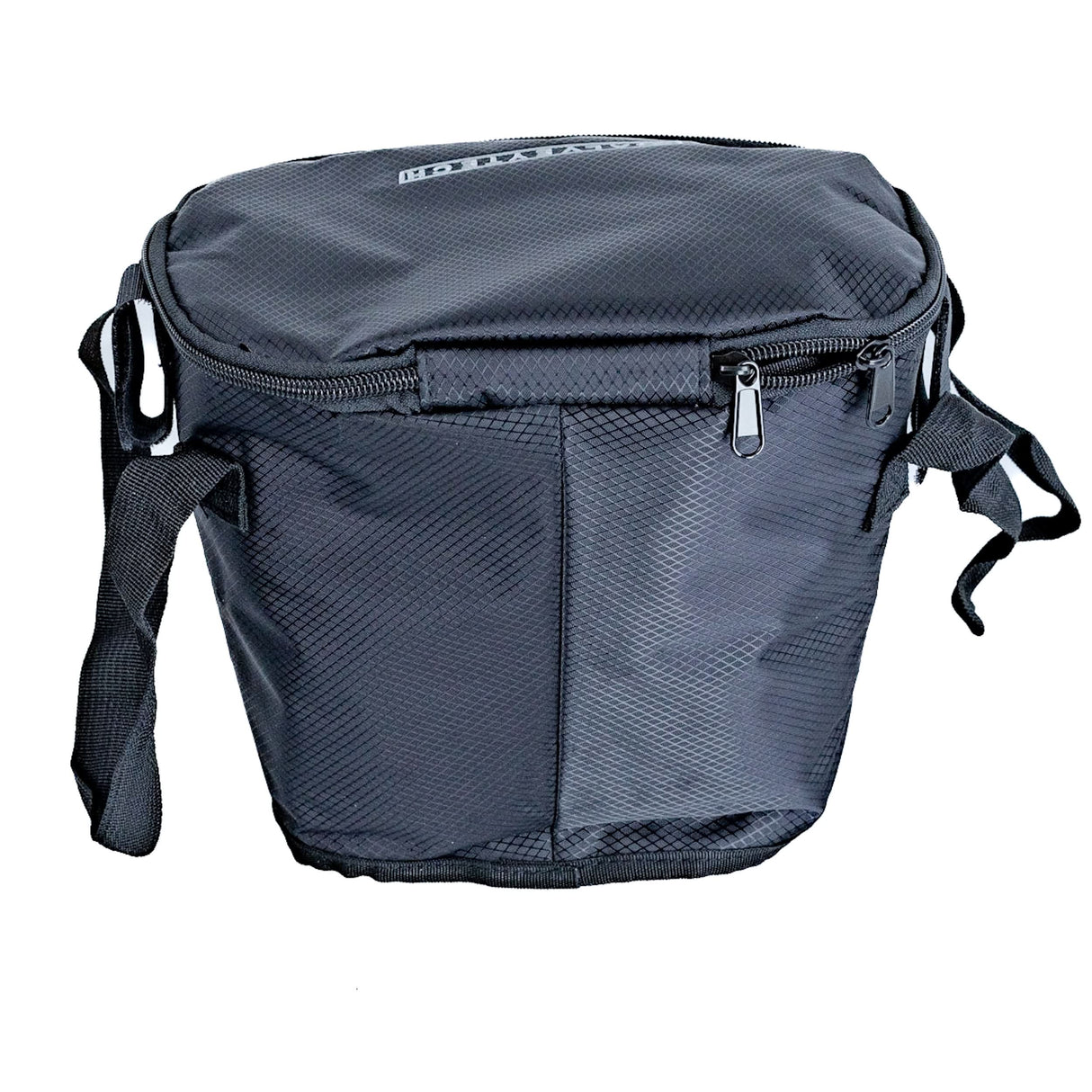Insulated Front Basket Bag for Mobility Scooters: A black bag with straps and a zippered main compartment, designed to fit common mobility baskets.