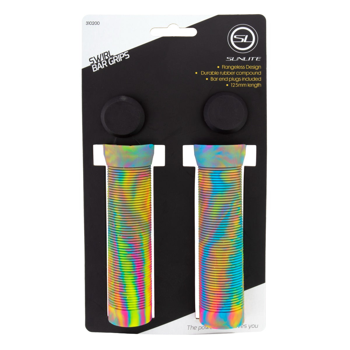 125 mm Rainbow Swirl Handlebar Grips for Bikes & Scooters in package, featuring bright rainbow swirls and a micro-ribbed texture, ideal for various bikes and scooters.