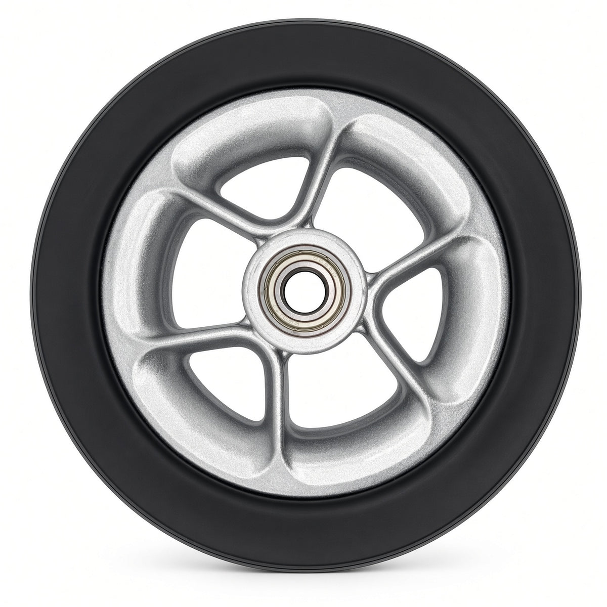 Side view of the Merits Velocity (P325) 6" x 2" caster wheel showing the silver 5-spoke rim and sealed bearing