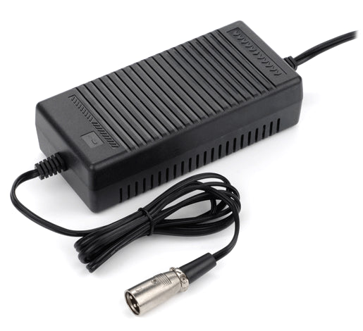 36 Volt 2.5 Amp XLR Battery Charger with attached cable, designed for electric mobility and recreational scooters, featuring automatic shutoff and compatibility with sealed lead acid scooter batteries.