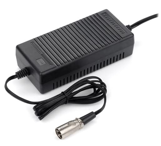 36 Volt 2.5 Amp XLR Battery Charger with attached cable, designed for electric mobility and recreational scooters, featuring automatic shutoff and compatibility with sealed lead acid scooter batteries.