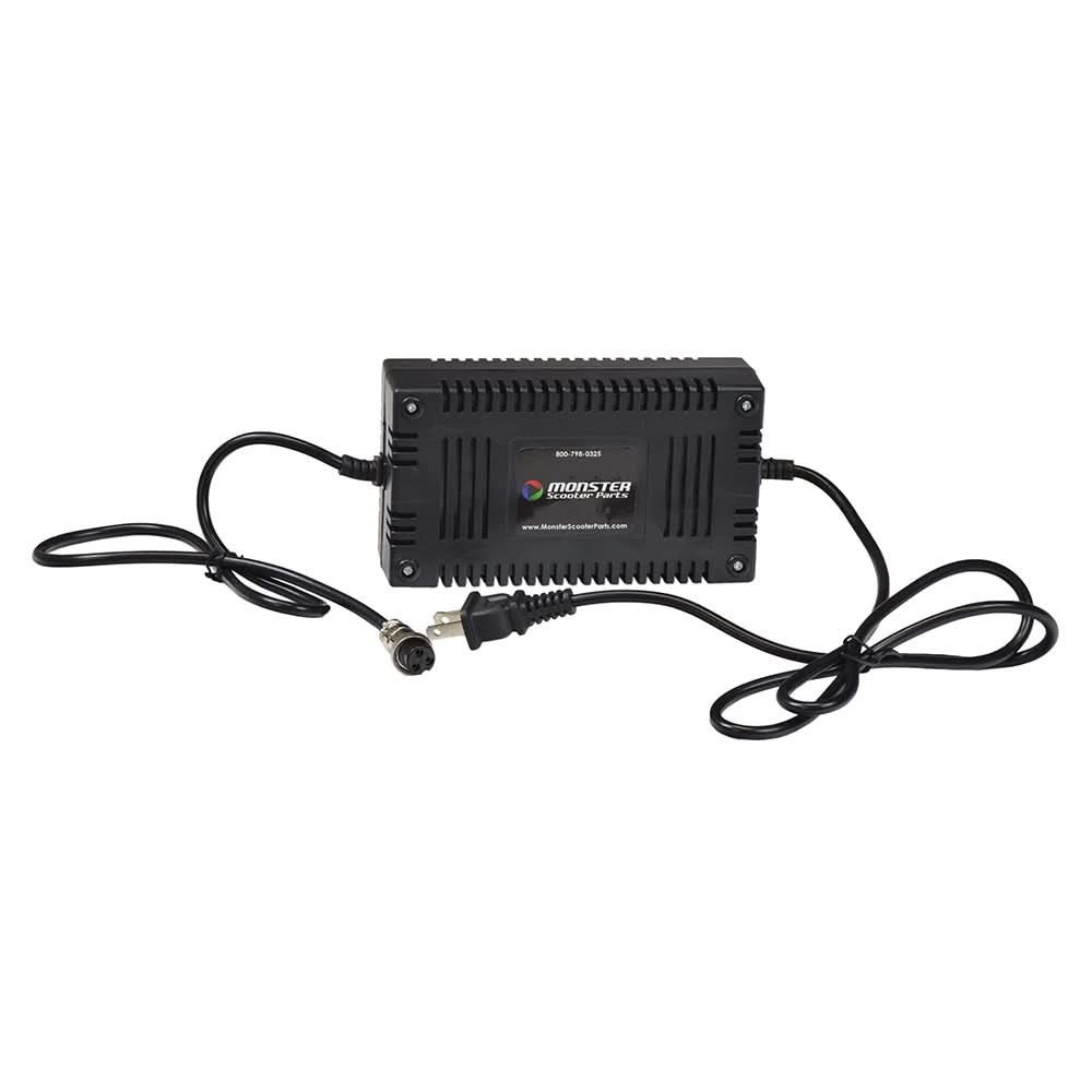 36 Volt 1.6 Amp 3-Prong Battery Charger (Standard) (Blemished) featuring a black electronic unit with visible wires and a black label, designed for electric scooters.