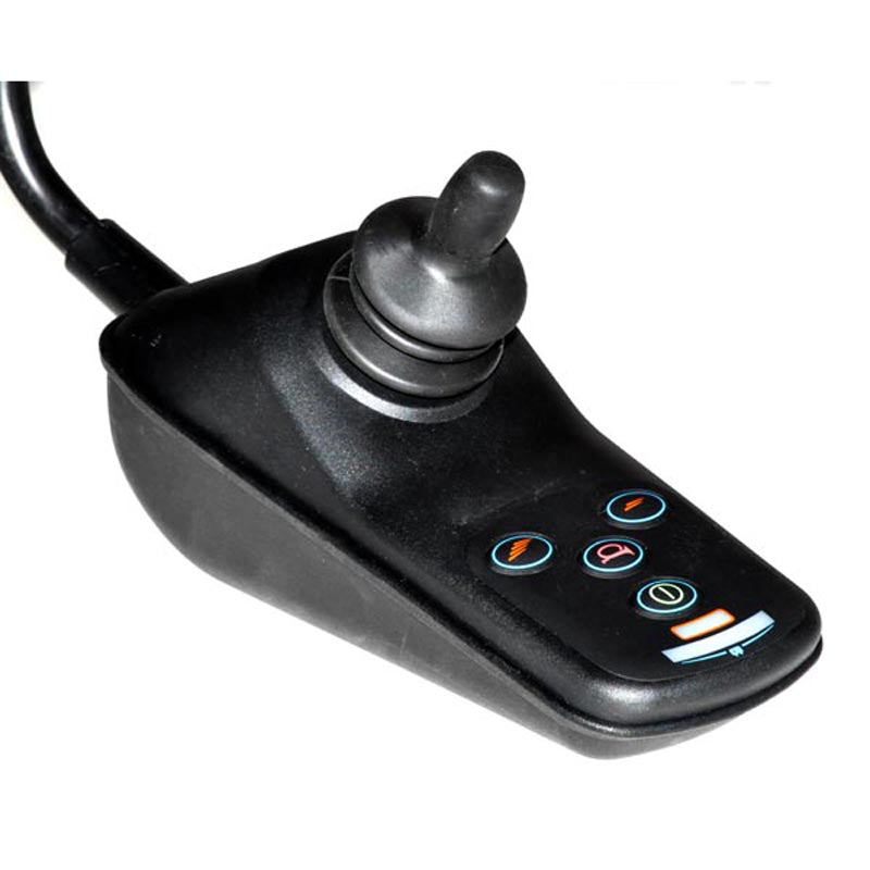 4 Key 70 Amp VSI Joystick with Flying Leads for Quantum Q600 with MWD Glide Motors, shown with a black remote control, buttons, and joystick for direction and speed control of power chairs.