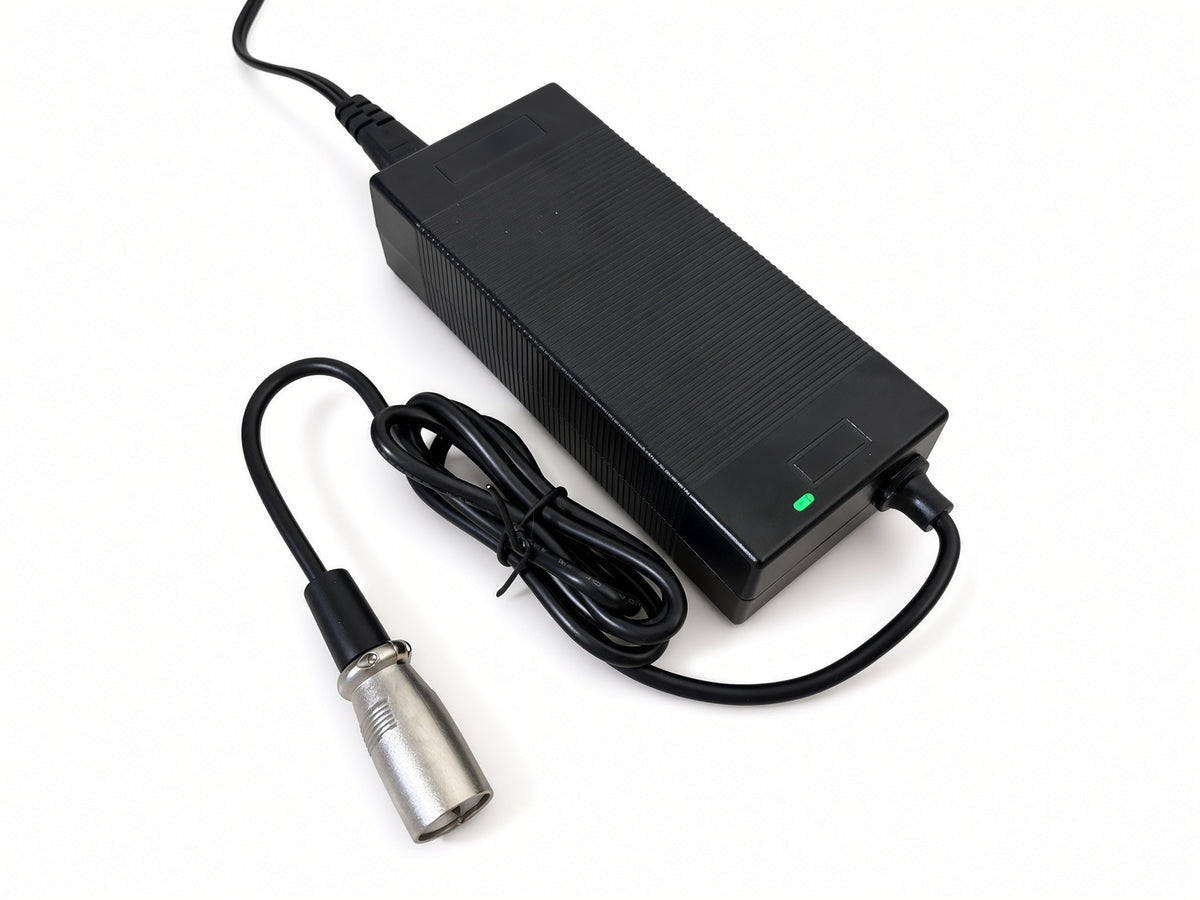 42V 2.0A XLR lithium battery charger with green charge indicator LED lit