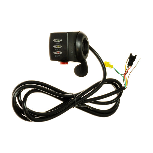 48 Volt Thumb Throttle for Brushless Electric Motors, featuring a wire, LED battery gauge, and an accessory button, designed for high-power motors but incompatible with Magic Pie 3 hub motors.