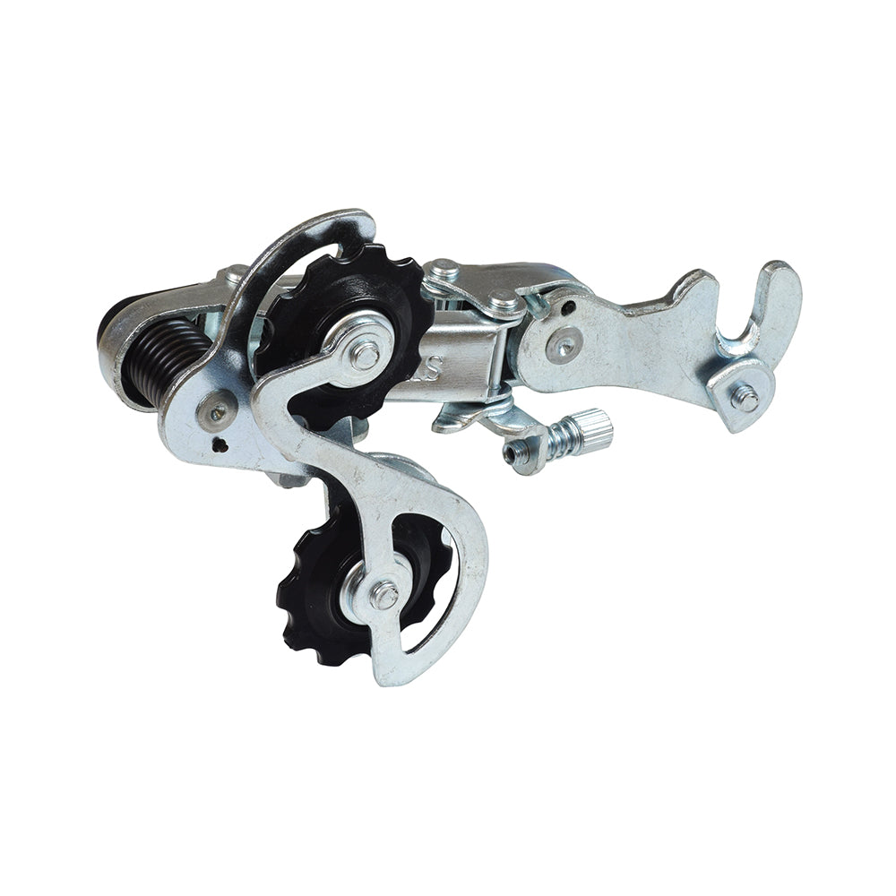 5/6/7 Speed Short Cage Rear Derailleur with metal gear and black wheels, designed for bicycles and scooters, showcased in a close-up view highlighting the intricate gear structure.