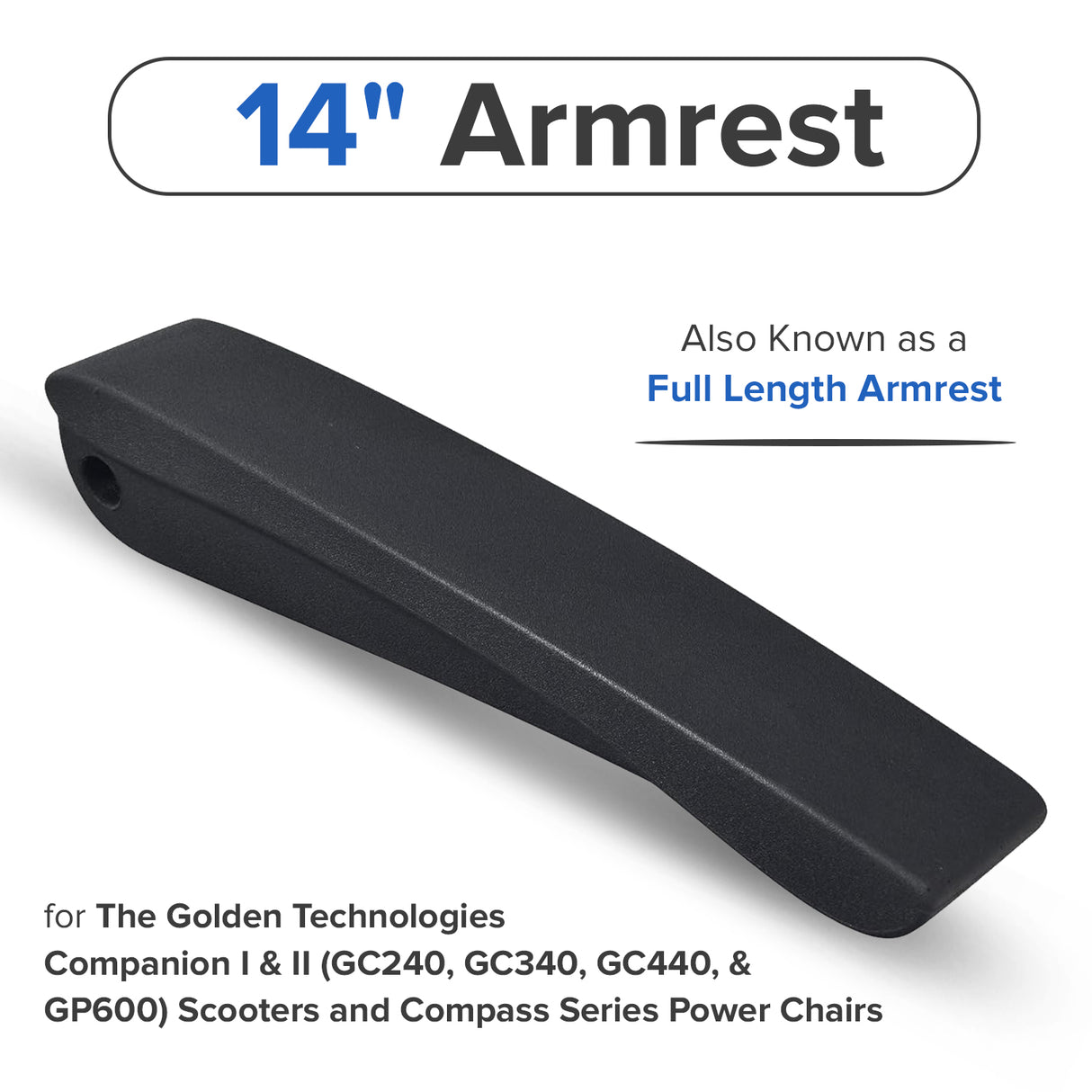 14" Armrest for the Golden Technologies Companion I & II (GC240, GC340, GC440, & GP600) Scooters and Compass Series Power Chairs (WC09A409B)
