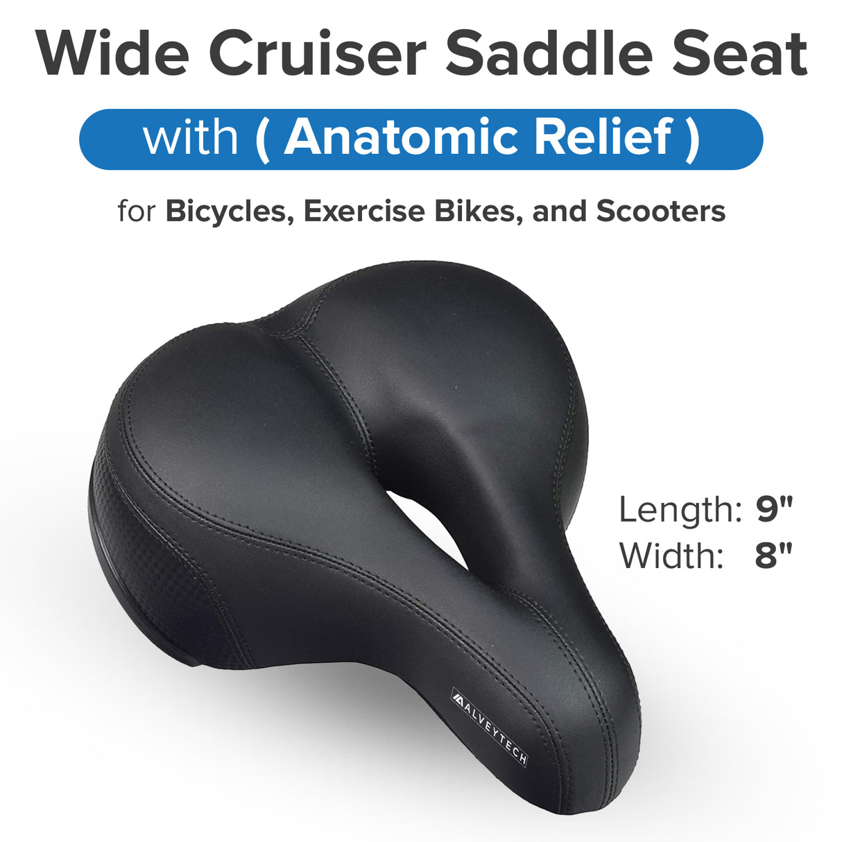 Wide Cruiser Saddle Seat with Anatomic Relief for Bicycles, Electric Bikes, & Scooters