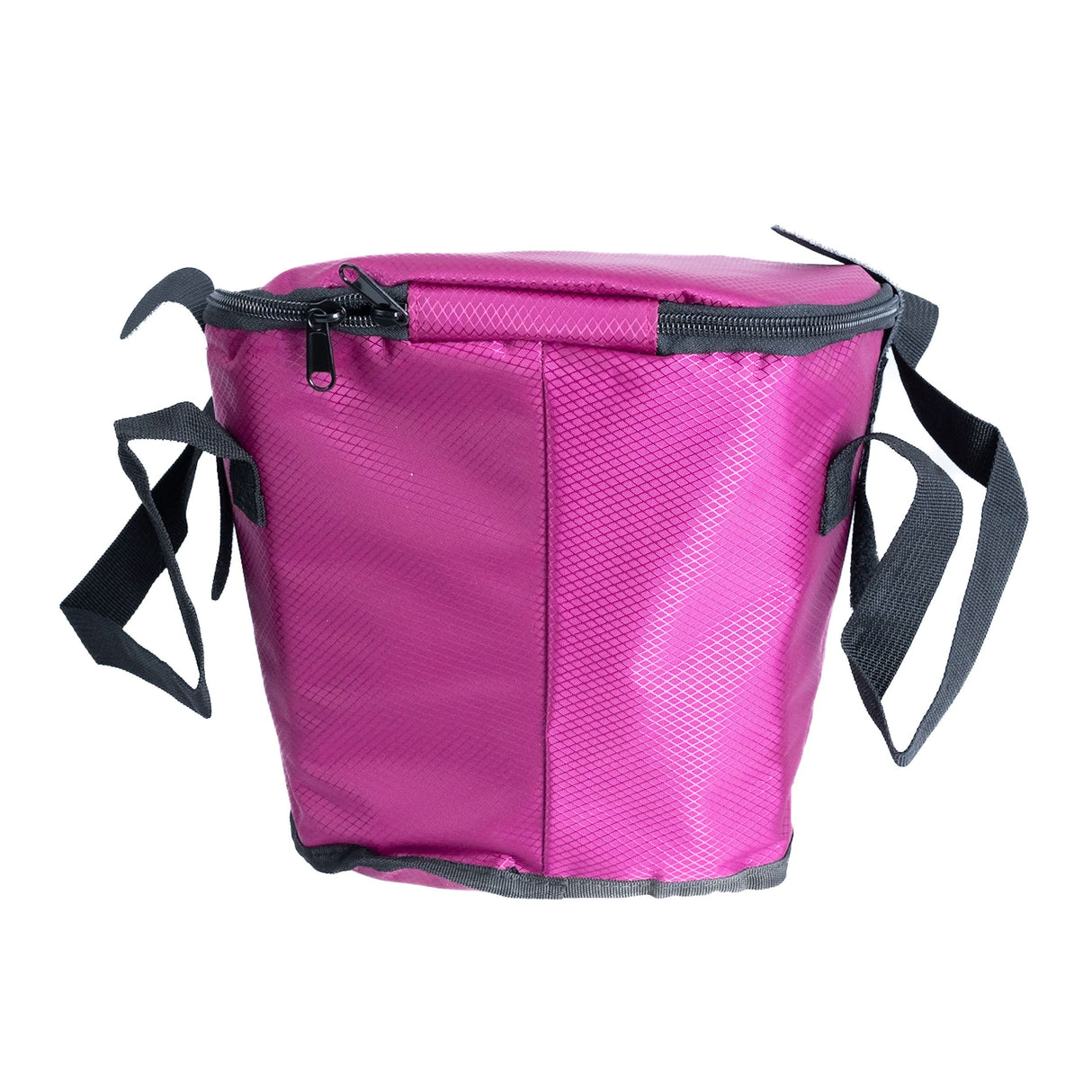 Insulated Front Basket Bag for Mobility Scooters: A pink bag with black handles and an insulated lining, designed to fit common mobility baskets, providing secure and hidden storage for personal items.