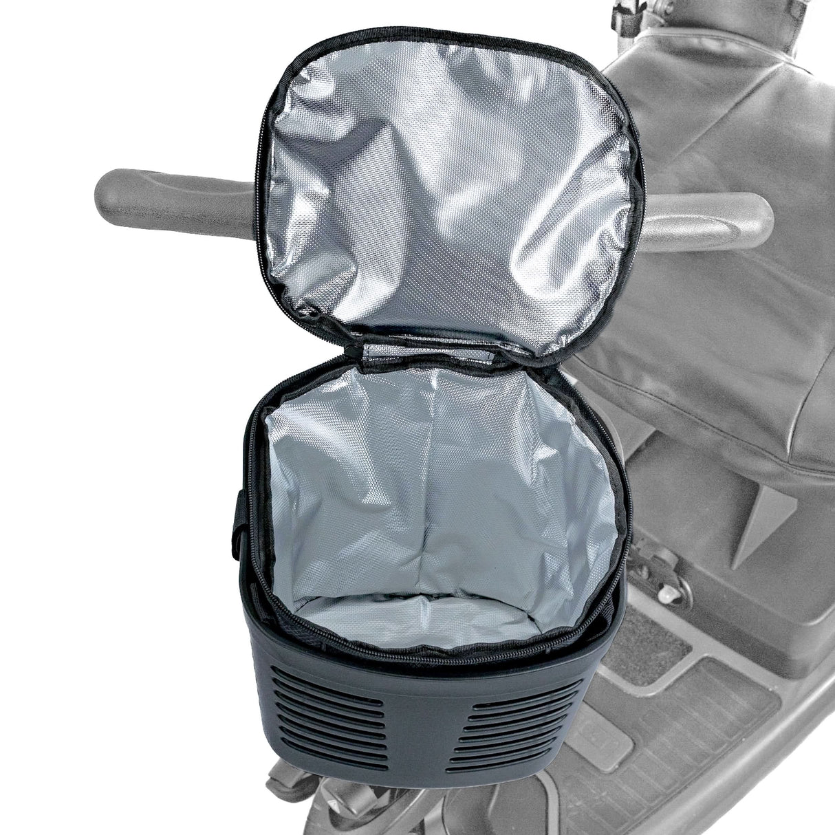 Insulated Front Basket Bag for Mobility Scooters attached to a scooter, showcasing its zippered main compartment and high-quality insulated lining designed for additional storage capacity.