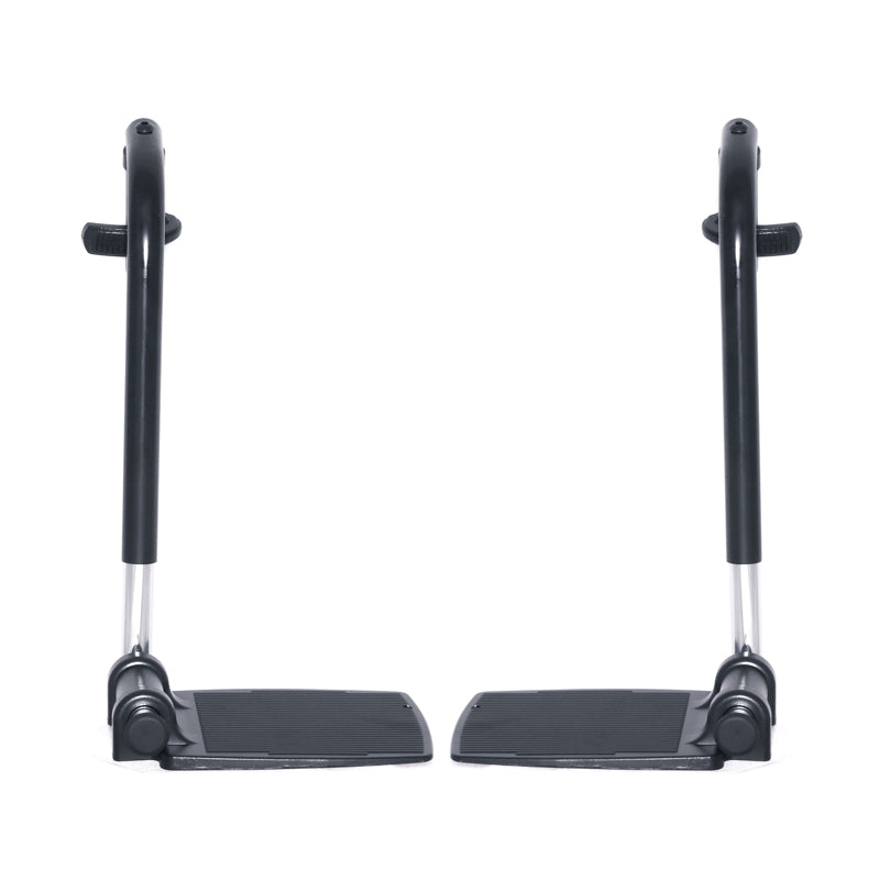 70 Degree Swing-Away Leg Rest Assembly (Left and Right) with 8-1/2 X 6 Footplate for Jazzy, Jet, and Quantum Power Chairs (Set of 2), featuring black metal stands and foot pedals.