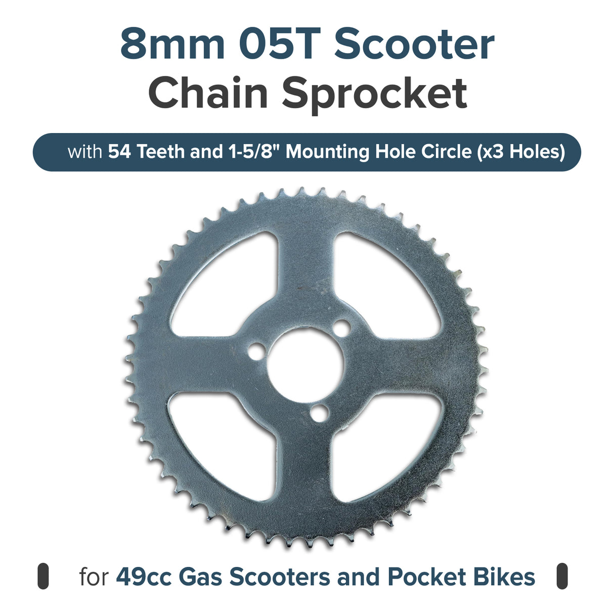 8mm 05T Scooter Chain Sprocket with 54 Teeth and 1-5/8" Mounting Hole Circle (x3 Holes)