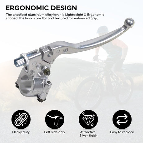 Left Brake Lever for the Coleman BT200X, CT200U Trail & CT200U-EX Mini Bikes shown in a close-up view, highlighting the robust, silver finish and detailed design.